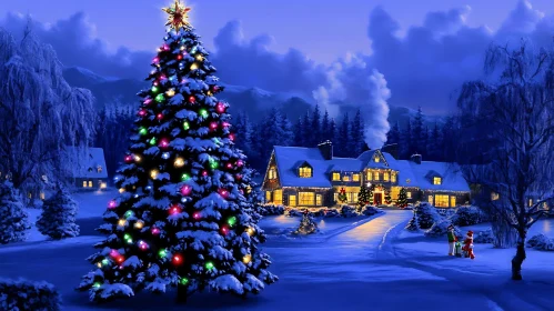 Holiday Scene with Christmas Tree and Snow-Covered House