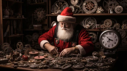Captivating Abstract Artwork: Santa Claus in a Clock-filled Workshop