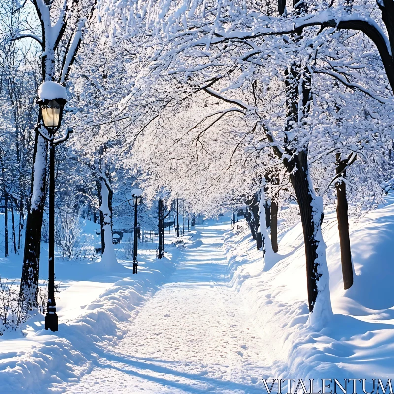 Serene Winter Path with Snow-Laden Trees and Lampposts AI Image