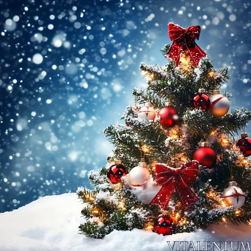 Festive Holiday Tree with Ornaments and Snow AI Image