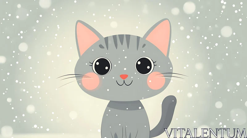 AI ART Cute Grey Cat amid Falling Snowflakes