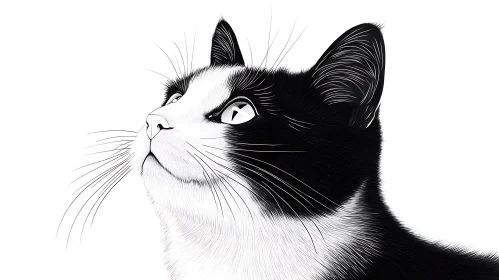 Detailed Line Art of a Black and White Cat