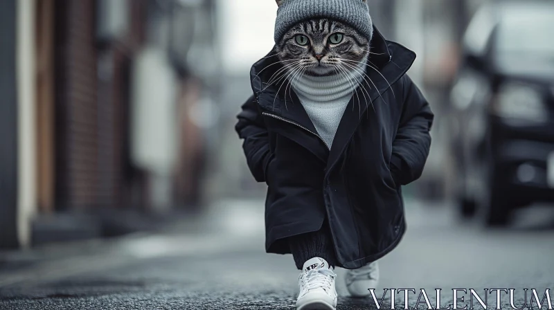 Fashion-Forward Cat in City AI Image