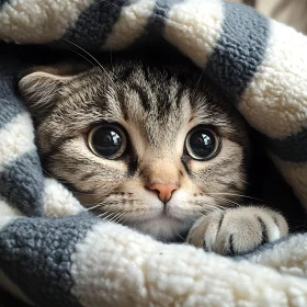 Charming Kitten Wrapped in Striped Blanket