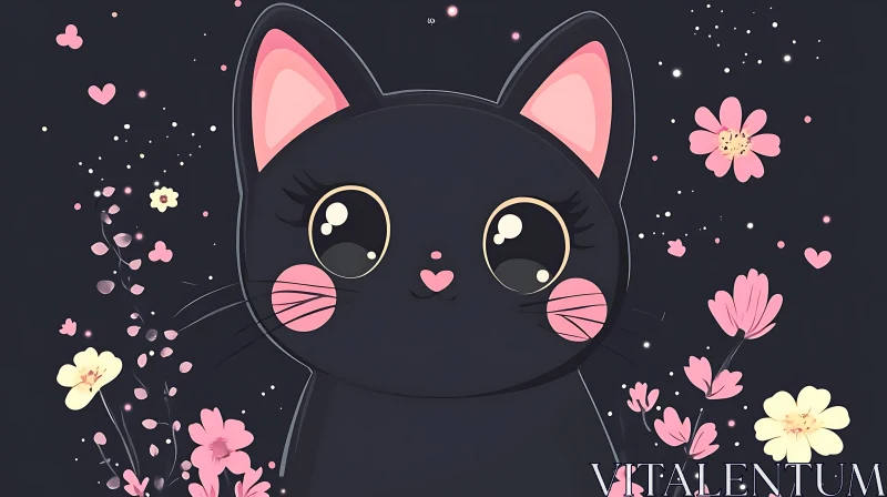 Whimsical Black Cat Amidst Starry Night and Pink Flowers AI Image