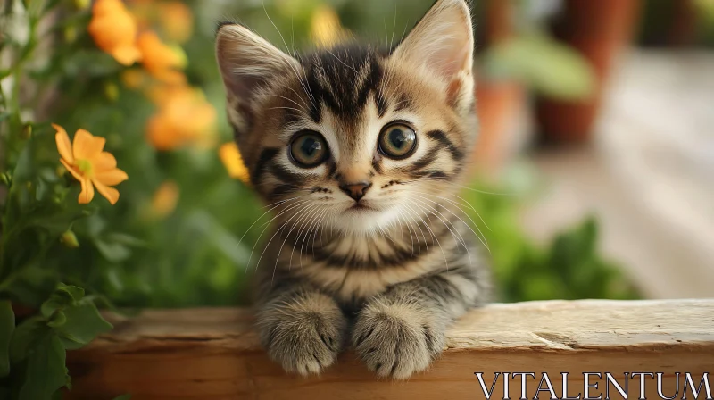 Charming Kitten Peeking Over Wooden Ledge AI Image