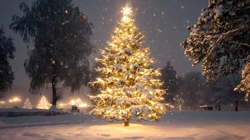 Beautifully Lit Tree in a Snowy Winter Night