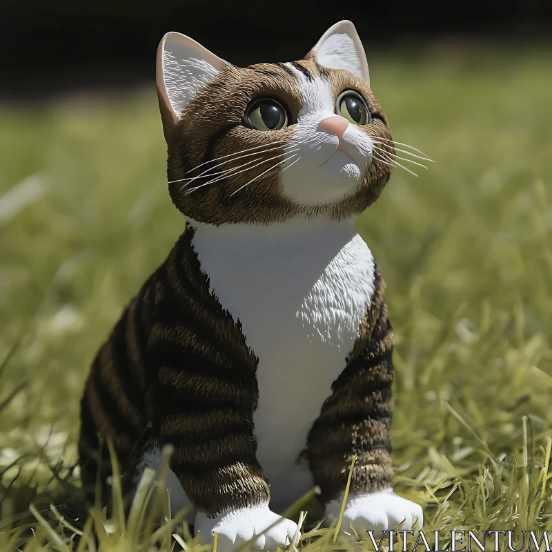 Lifelike Brown and White Cat Figurine on Grass AI Image