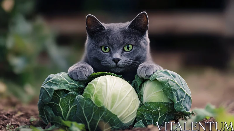 Feline in Garden with Cabbage AI Image