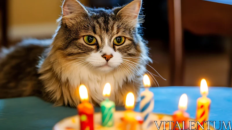 Feline Celebrating with Birthday Candles AI Image