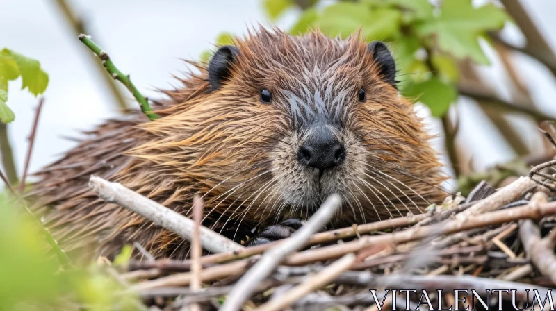 Puzzled Beaver on Branches in Natural Habitat AI Image