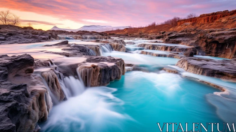 Serene River at Sunset in Iceland - Azure and Magenta Composition AI Image