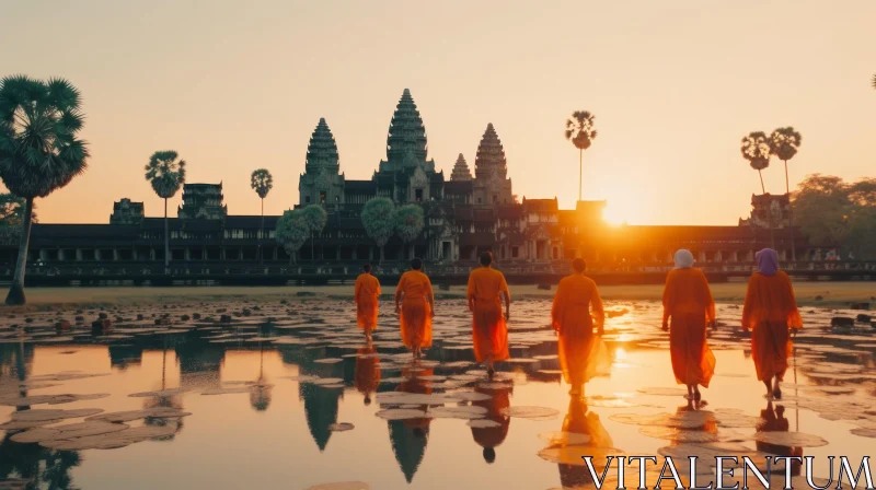Tranquil Sunset in Cambodia: Monks Reflecting on the Water AI Image