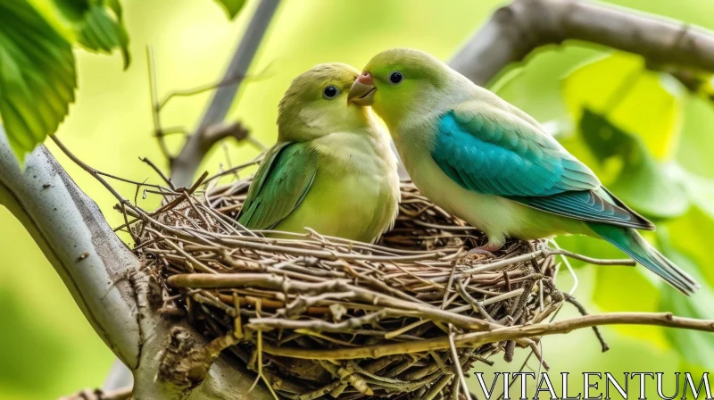 AI ART Two Green Parrots Talking in a Nest - Artistic Nature Photography