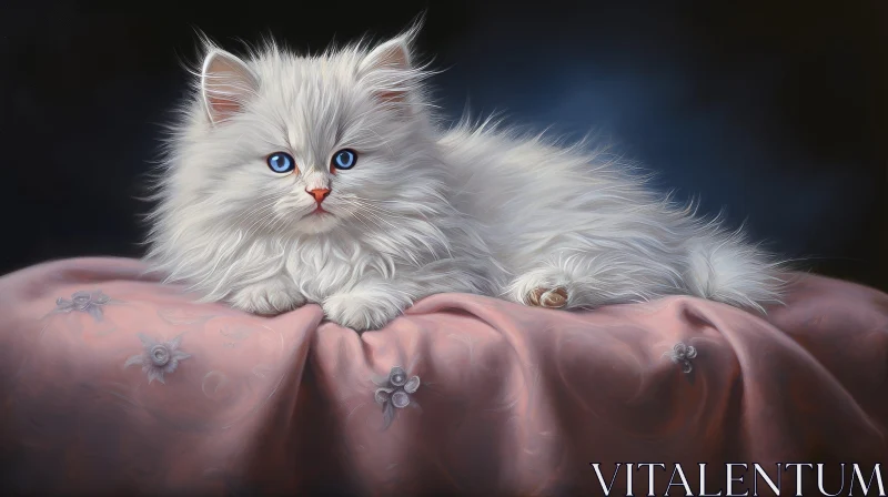 White Fluffy Kitten Painting on Pink Cloth AI Image