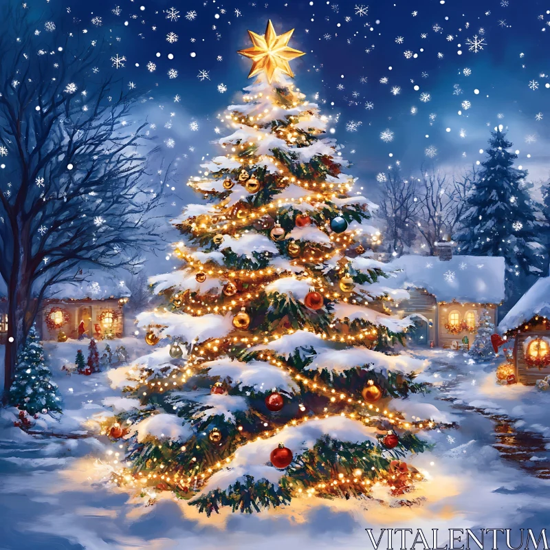 Festive Winter Night Scene with Illuminated Christmas Tree and Falling Snow AI Image