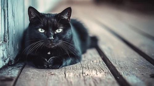 Mystic Black Cat on Rustic Wooden Planks