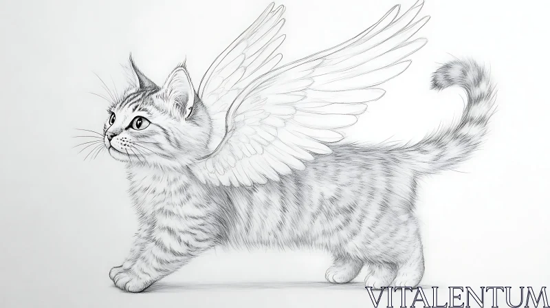 AI ART Fantasy Cat with Wings Pencil Drawing