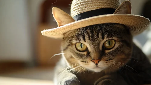 Tabby Cat in Straw Hat with Black Band