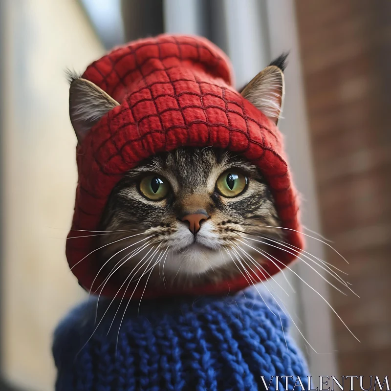 Cute Cat Portrait with Red Hat and Blue Sweater AI Image