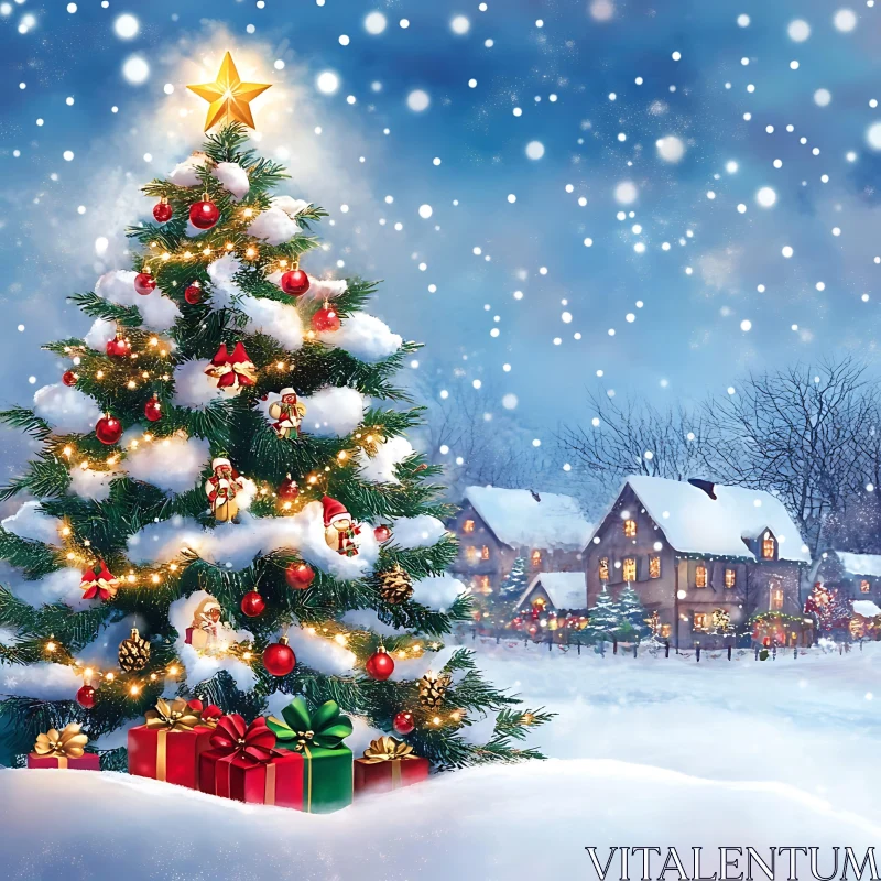 Christmas Tree and Snowy Village Scene AI Image