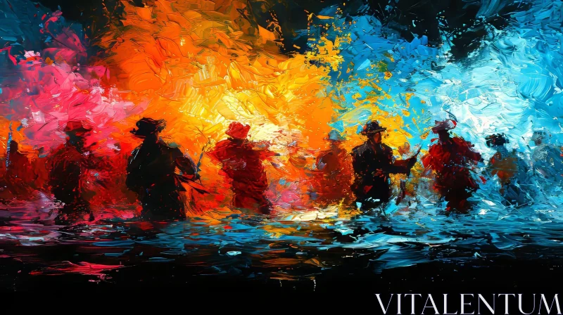Abstract Painting with Figures in Hats and Long Coats AI Image