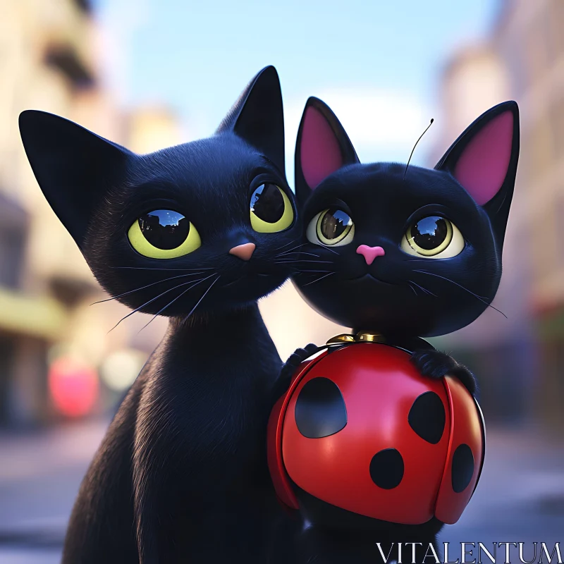 Whimsical Black Cats with Ladybug Toy AI Image