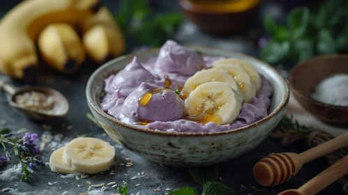 Close-up of Purple Yam Ice Cream with Bananas and Honey