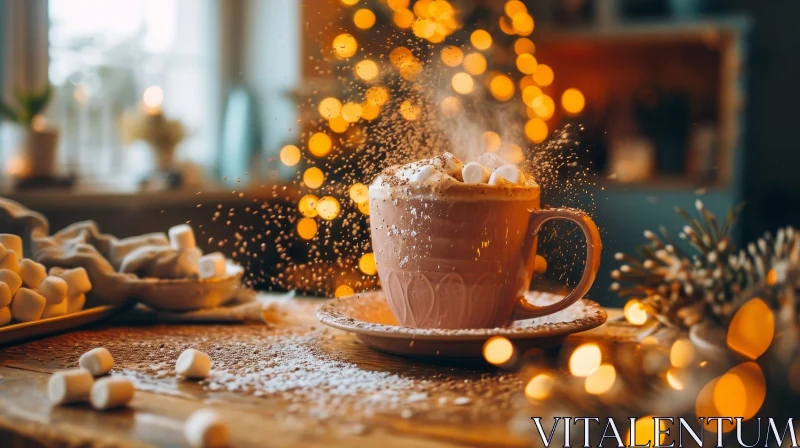 Cozy Cup of Hot Chocolate with Marshmallows on Wooden Table | Christmas Lights Background AI Image