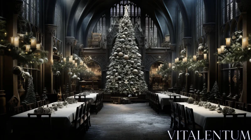 Dark and Brooding Christmas Tree in Hogwarts Hall | Photorealistic Renderings AI Image