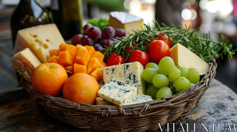Delicious Cheese, Fruits, and Vegetables in a Wicker Basket AI Image