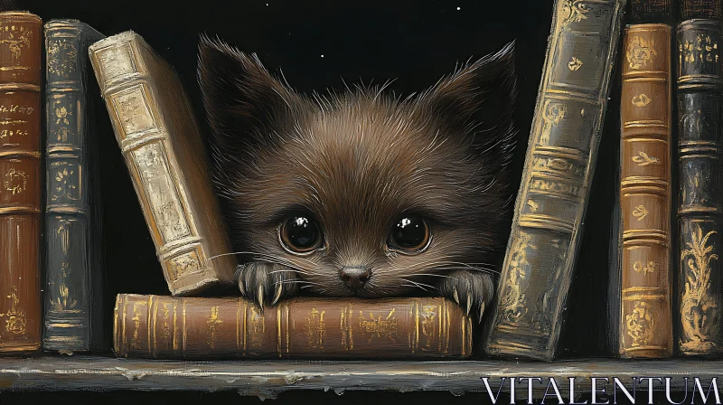 Curious Kitten on Wooden Shelf with Vintage Books AI Image