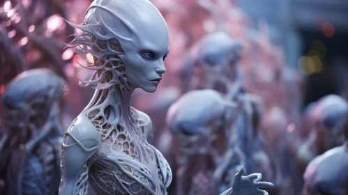 Enigmatic Alien Woman Portrait Among Group of Extraterrestrial Beings