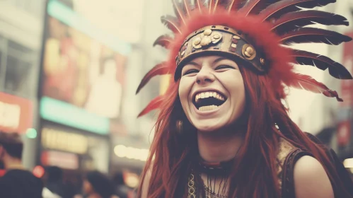 Expressive Native American Woman Laughing in Vintage Punk Style