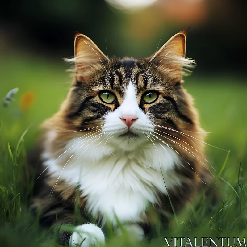 Green-Eyed Tabby Cat Relaxing in Nature AI Image