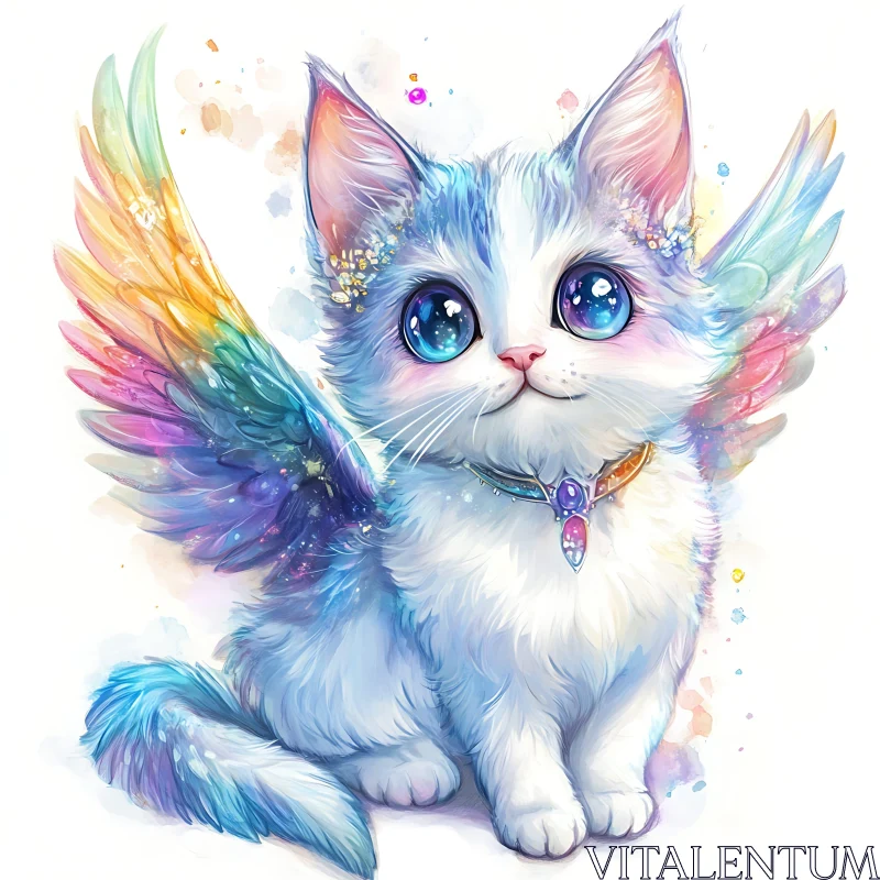 AI ART Fantasy Kitten with Rainbow Wings and Jewel Collar