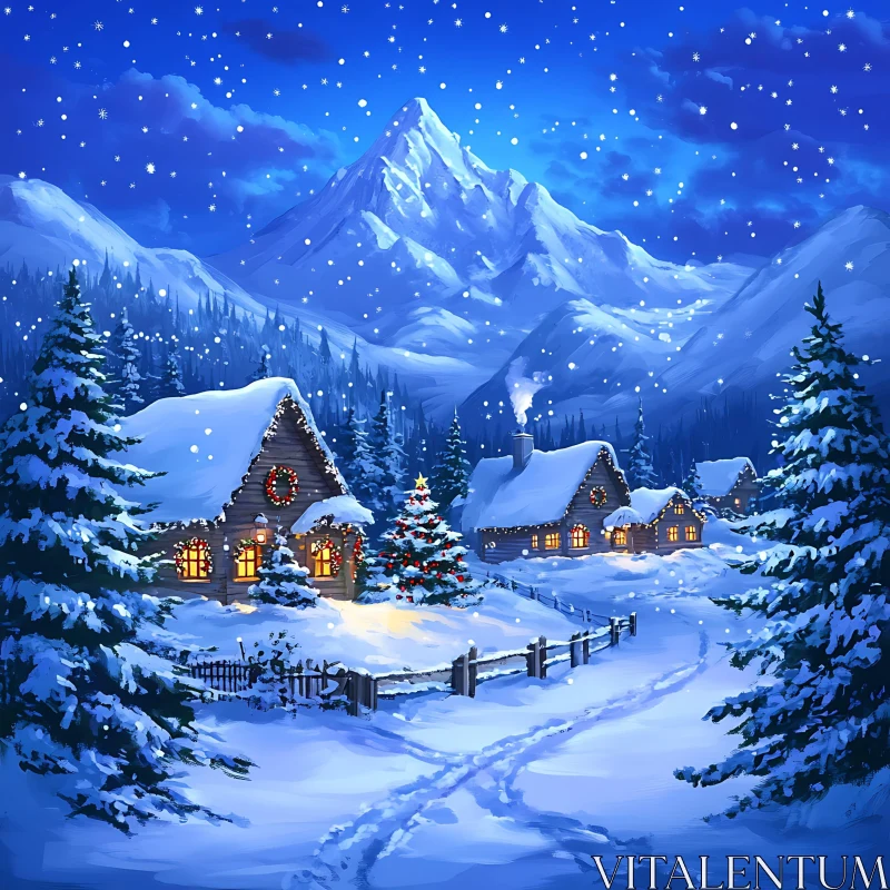 Cozy Cabins on a Snowy Night in the Mountains AI Image