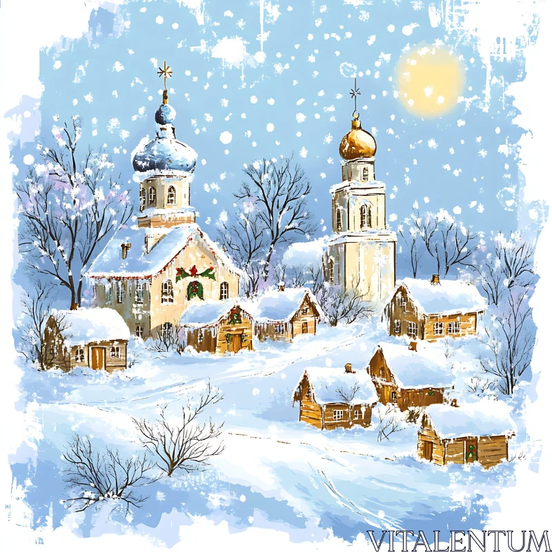 Snow-Covered Winter Village with Churches AI Image