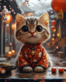 Kitten in Cultural Attire with Blossoms and Lanterns