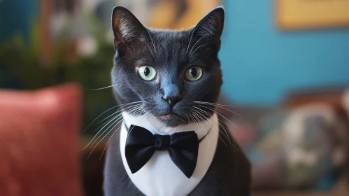 Classy Grey Cat in a Black Bow Tie