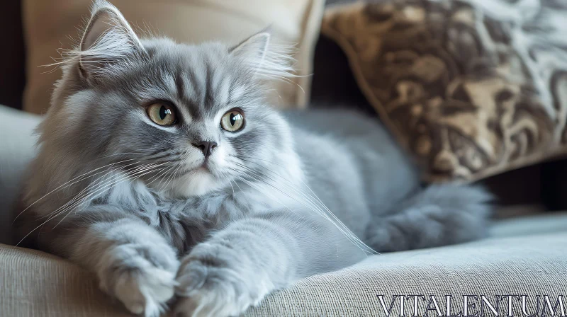 Charming Fluffy Gray Cat with Green Eyes AI Image