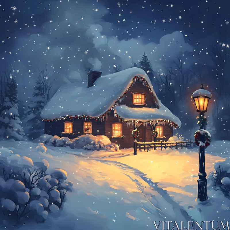 Snow Covered Cottage on a Tranquil Night AI Image