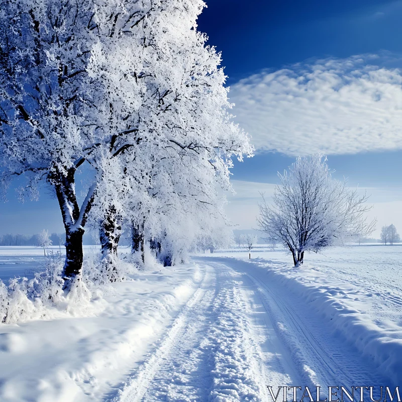 Tranquil Snowy Road in Winter AI Image