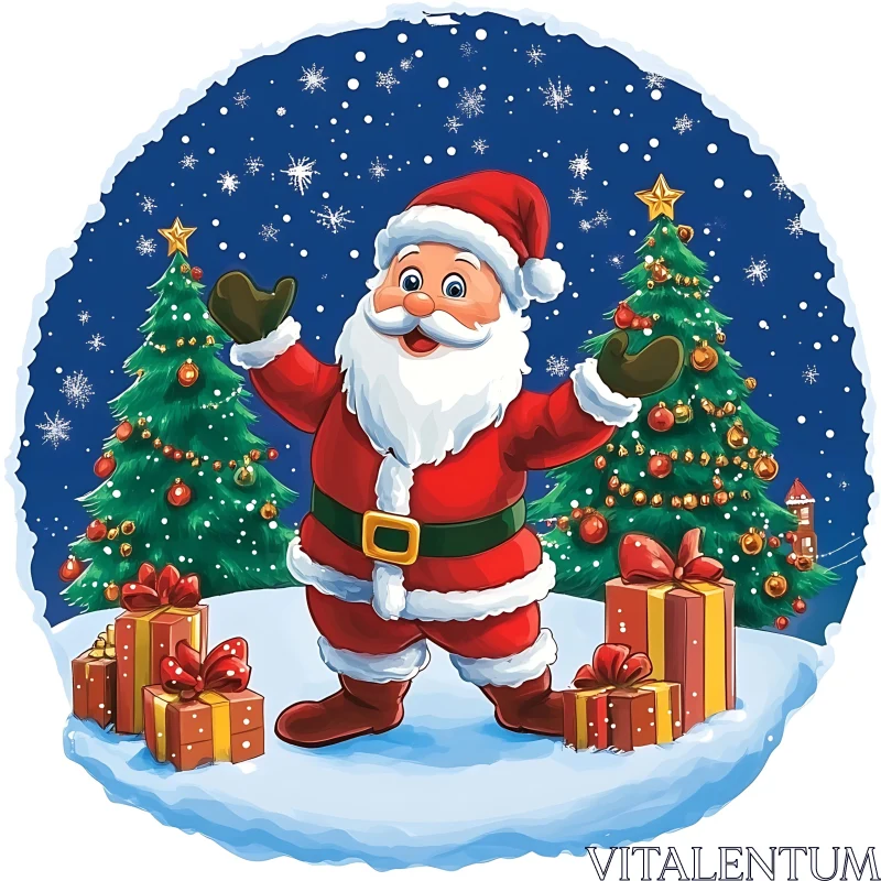 Joyful Santa with Christmas Trees and Gifts AI Image