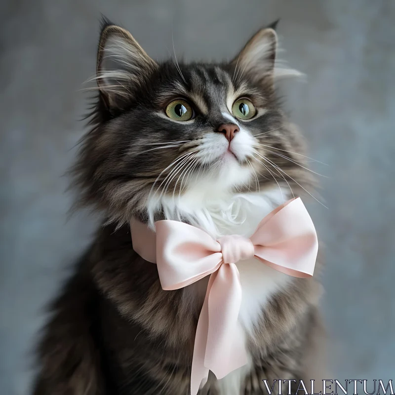 Charming Cat Portrait with Green Eyes and Pink Bow AI Image