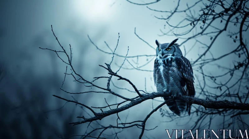 Majestic Great Horned Owl Perched in Mysterious Forest at Night AI Image