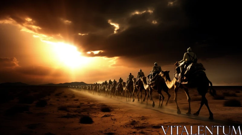 Men on Camels in the Desert at Sunset - A Captivating Image AI Image