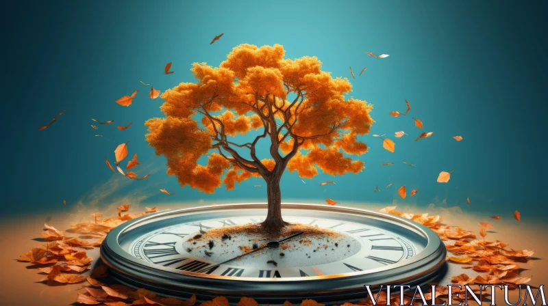 Surreal Fusion of Clock and Tree in Autumn Hues AI Image
