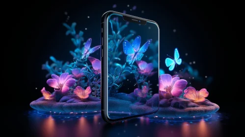 Surreal Smartphone in Colorful Garden with Butterflies