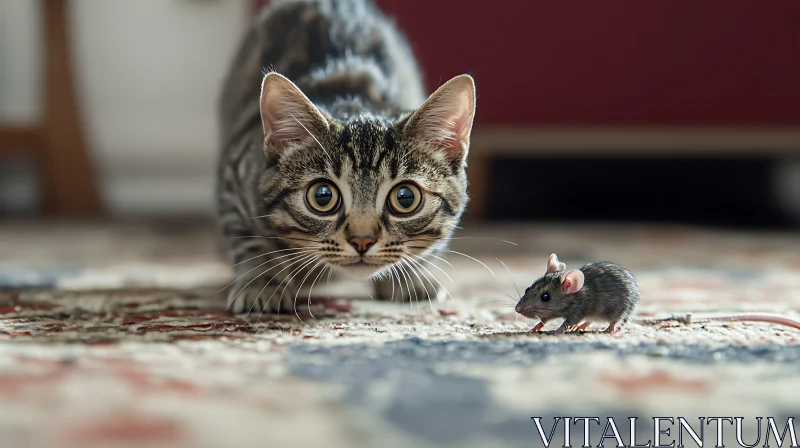 Wide-Eyed Cat Observing a Mouse Indoors AI Image